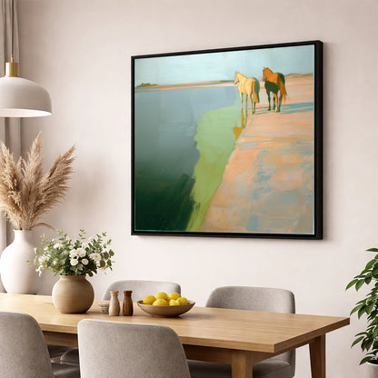 Shoreline Companions horse landscape wall art displayed in a dining room