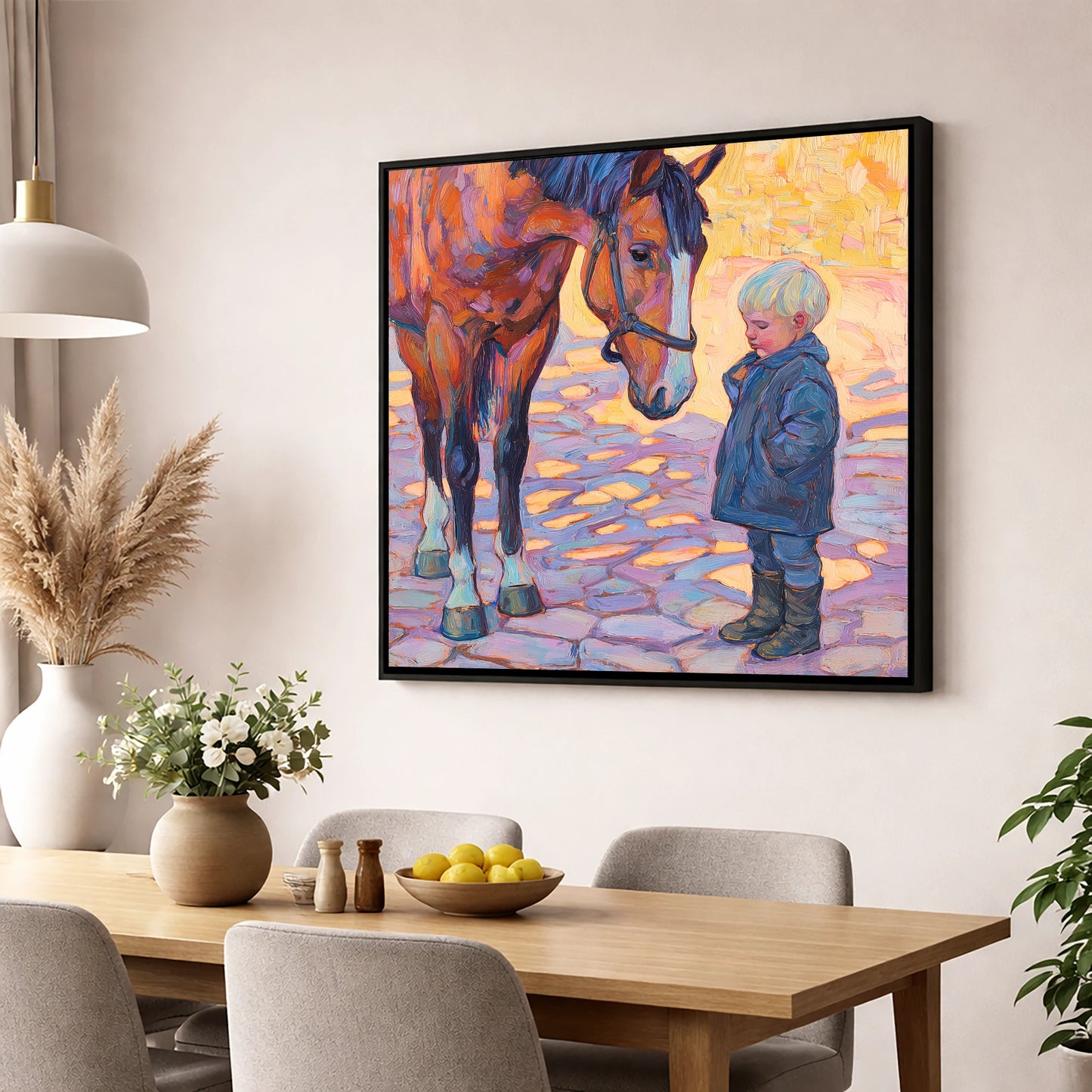 The Gentle Encounter horse & rider wall art displayed in a dining room