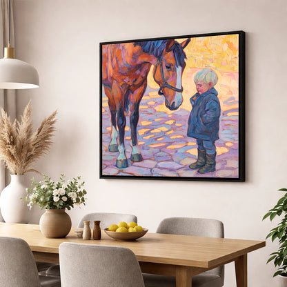 The Gentle Encounter horse & rider wall art displayed in a dining room