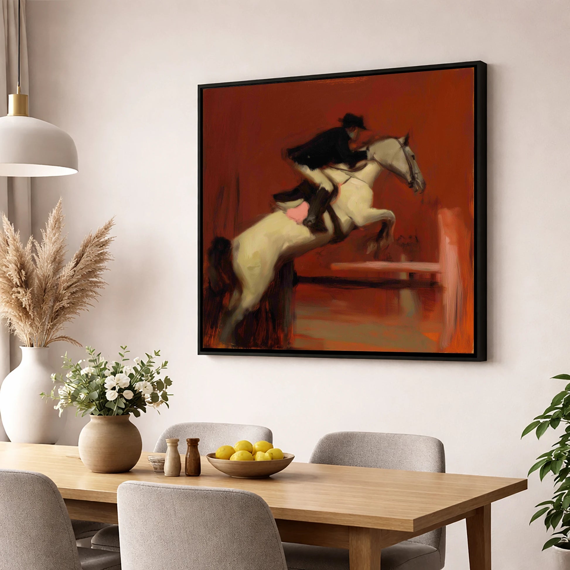 The Crimson Leap show jumping horse wall art displayed in a dining room