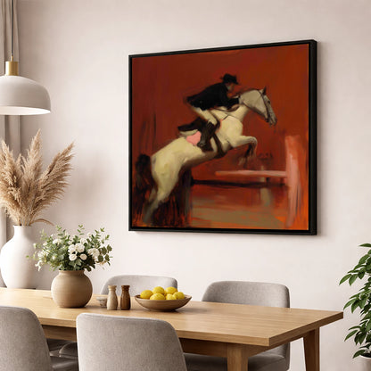 The Crimson Leap show jumping horse wall art displayed in a dining room