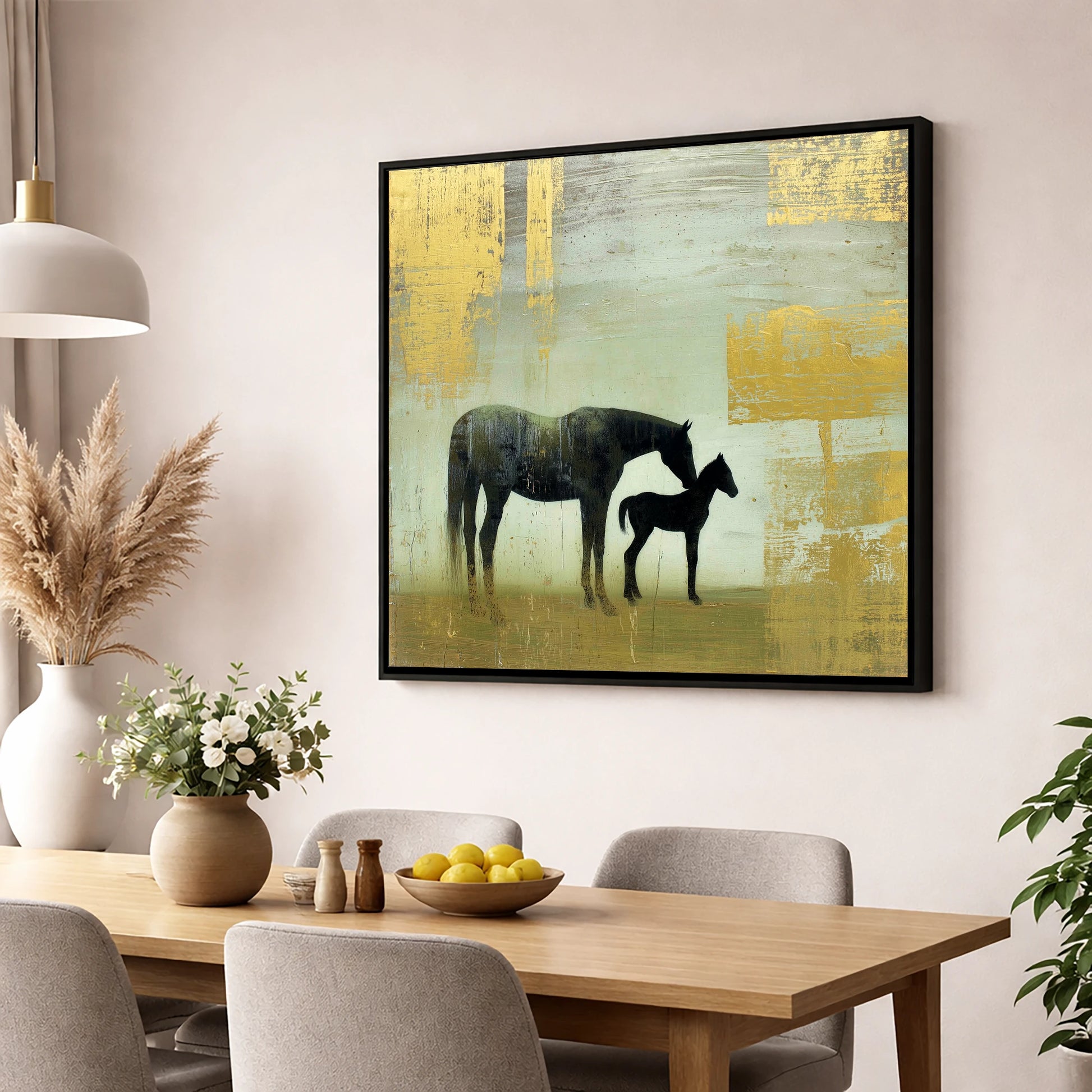 Gilded Maternal Bond mare & foal wall art displayed in a dining room