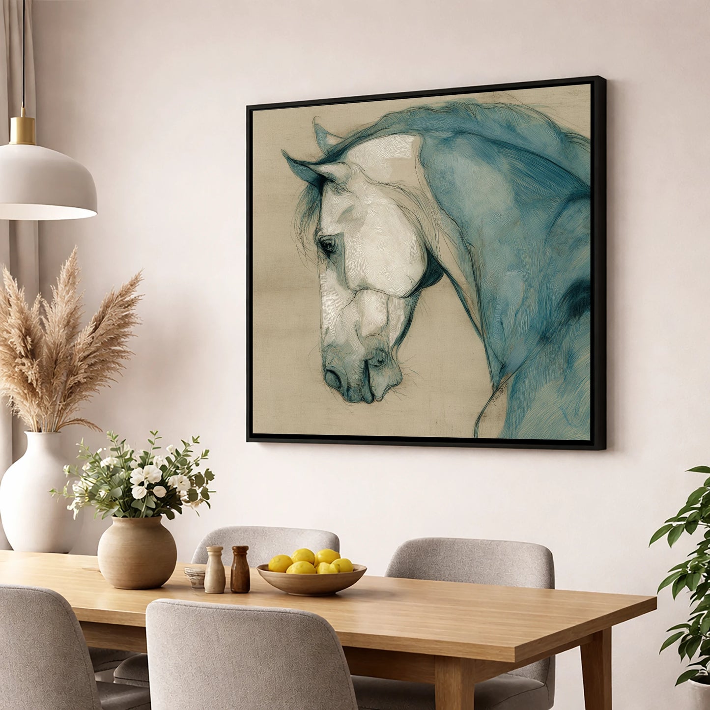 Teal Equine Study horse portrait wall art displayed in a dining room