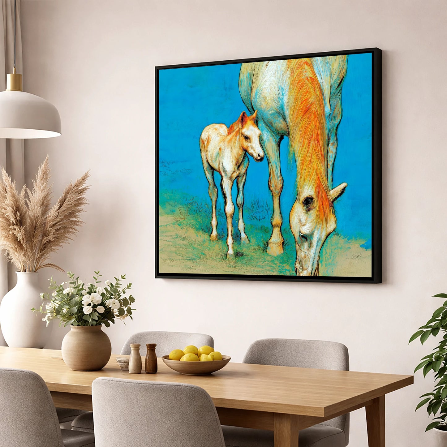 Nurture and Nature mare & foal wall art displayed in a dining room