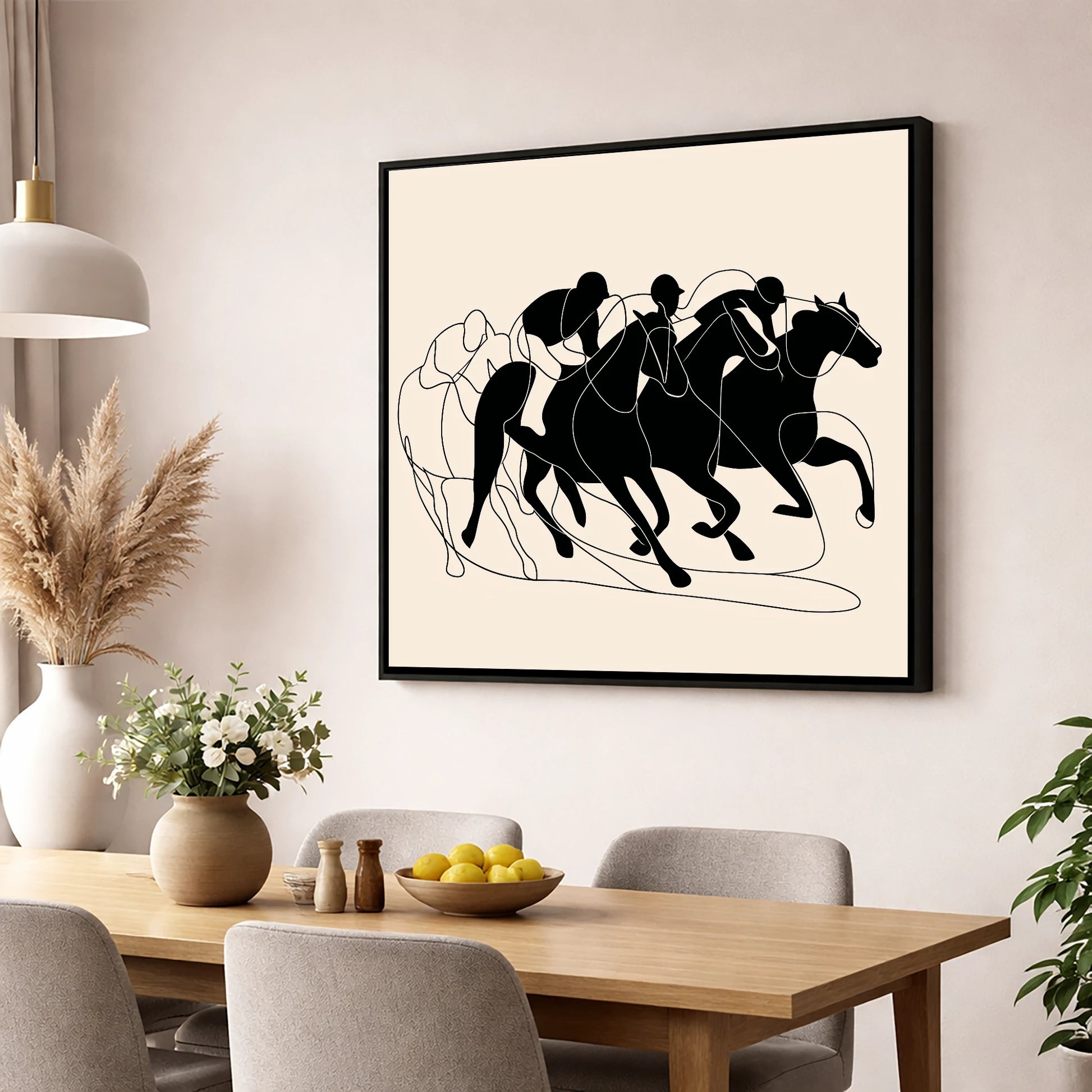 The Leading Pack racing horse wall art displayed in a dining room