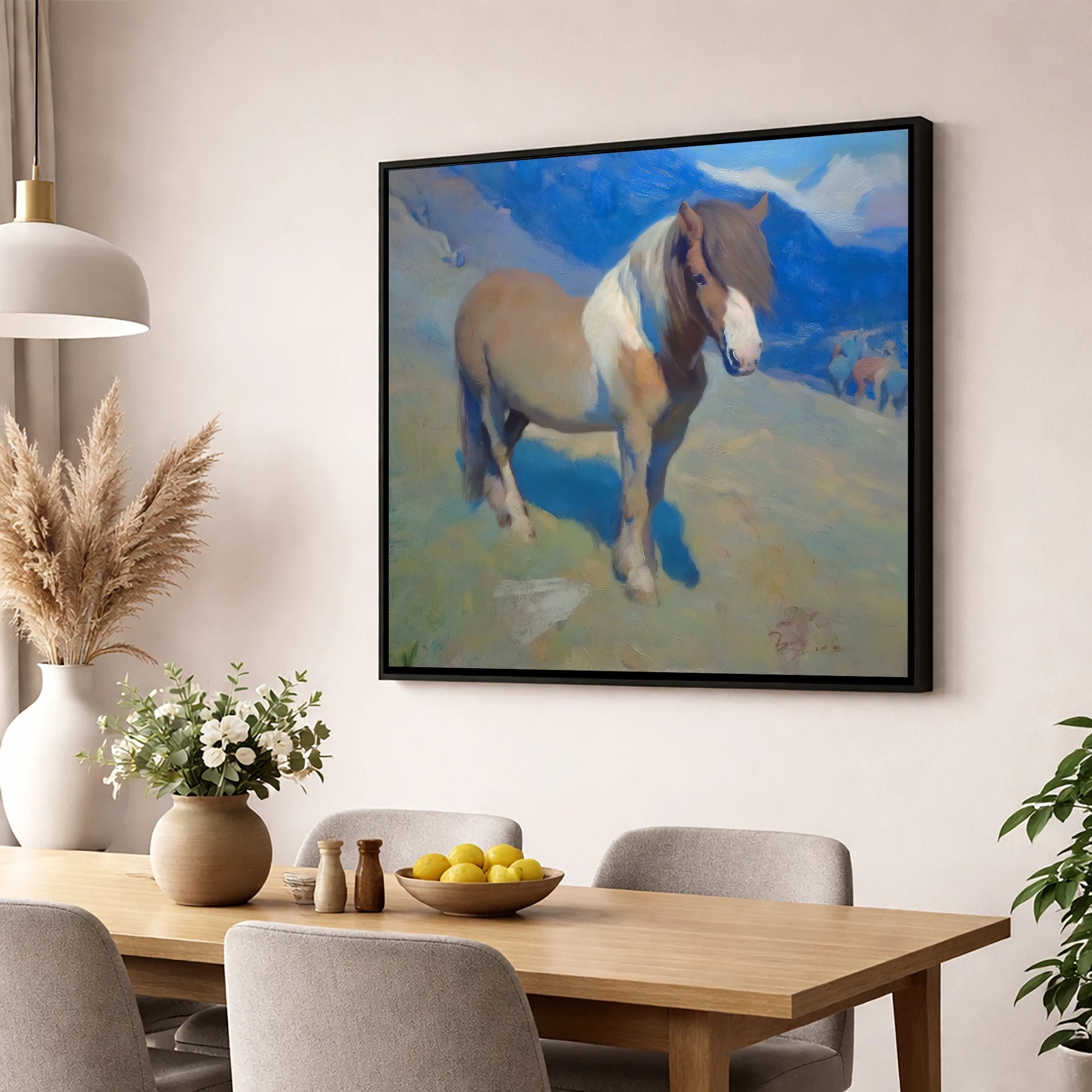 Highland Sentinel horse breed wall art displayed in a dining room