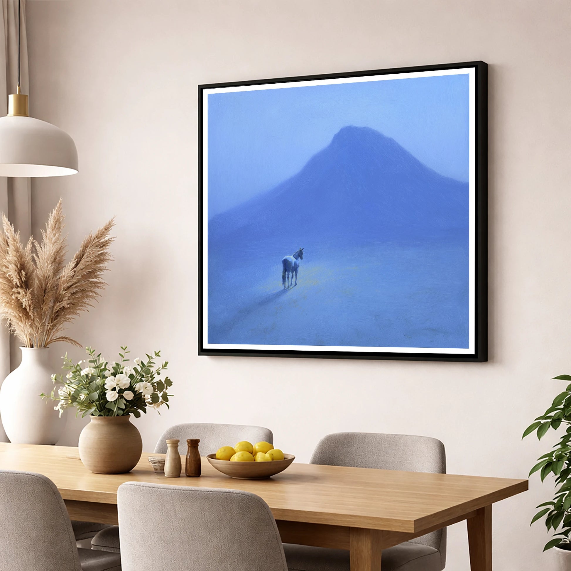The Silent Peak horse landscape wall art displayed in a dining room