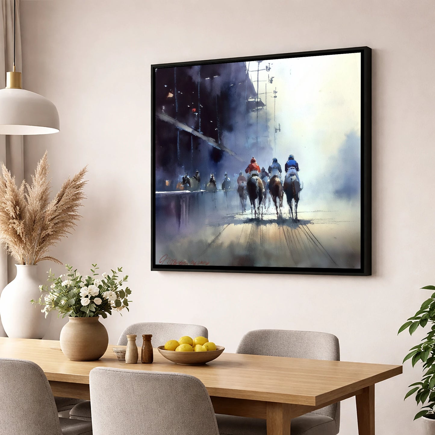 Towards the Post racing horse wall art displayed in a dining room