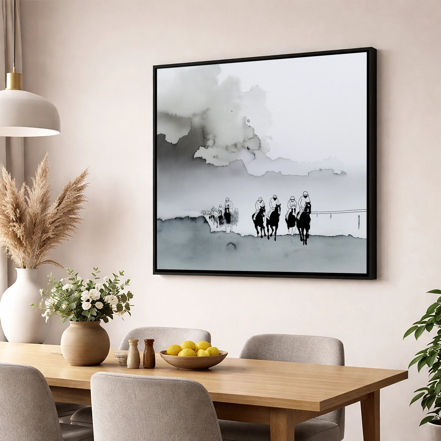 The Morning Gallops racing horse wall art displayed in a dining room