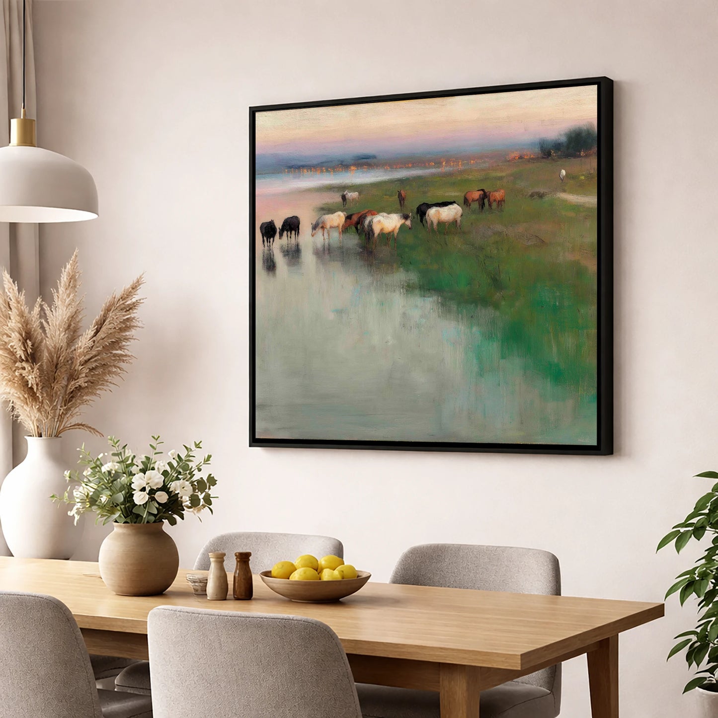 Misty Waterside Herd wild horses wall art displayed in a dining room