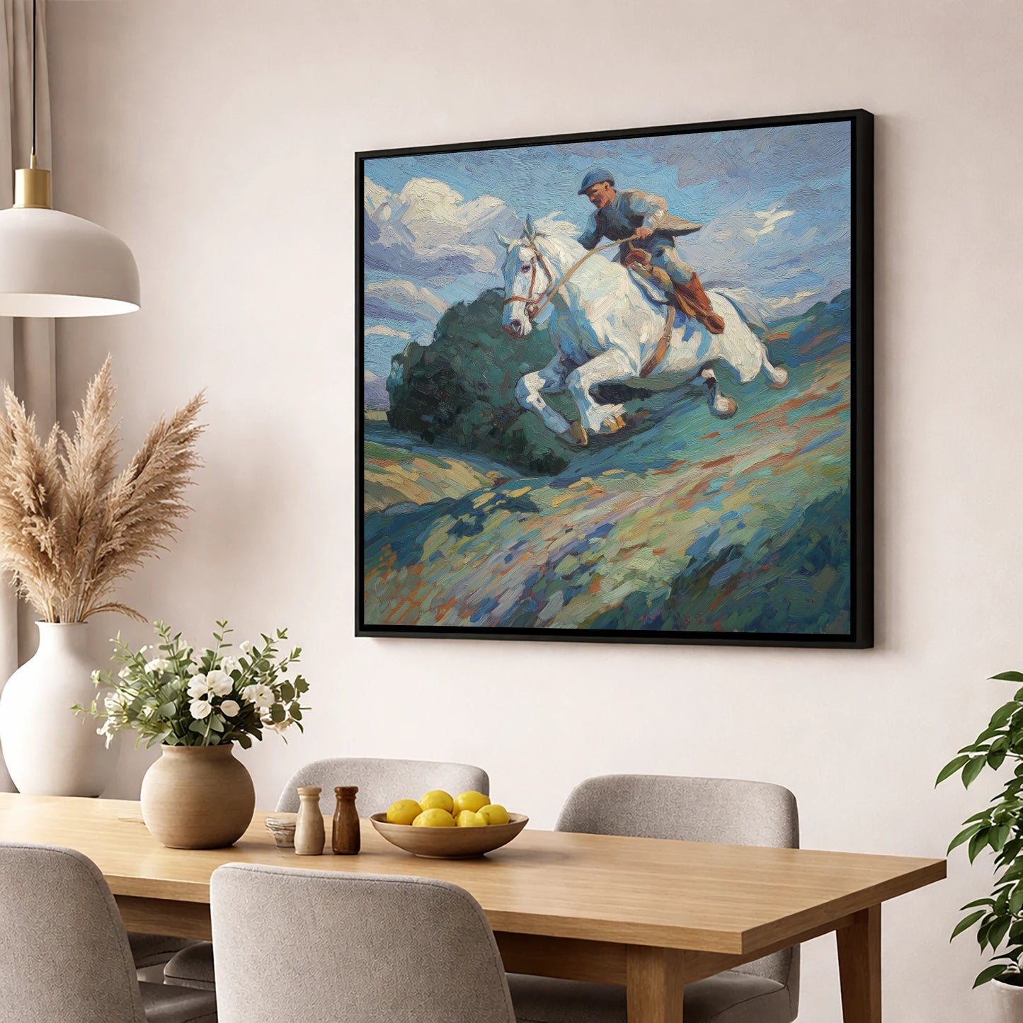 The Boundless Leap show jumping horse wall art displayed in a dining room