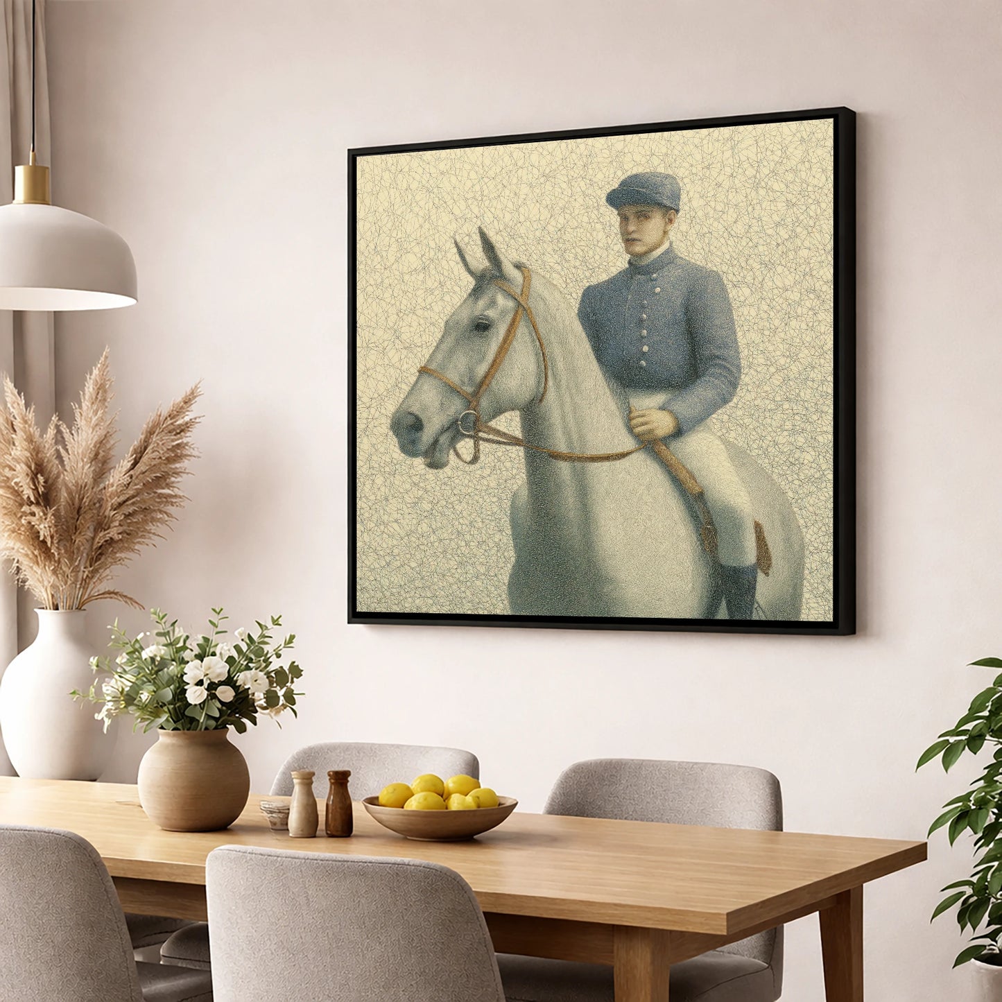 The Slate Silks racing horse wall art displayed in a dining room
