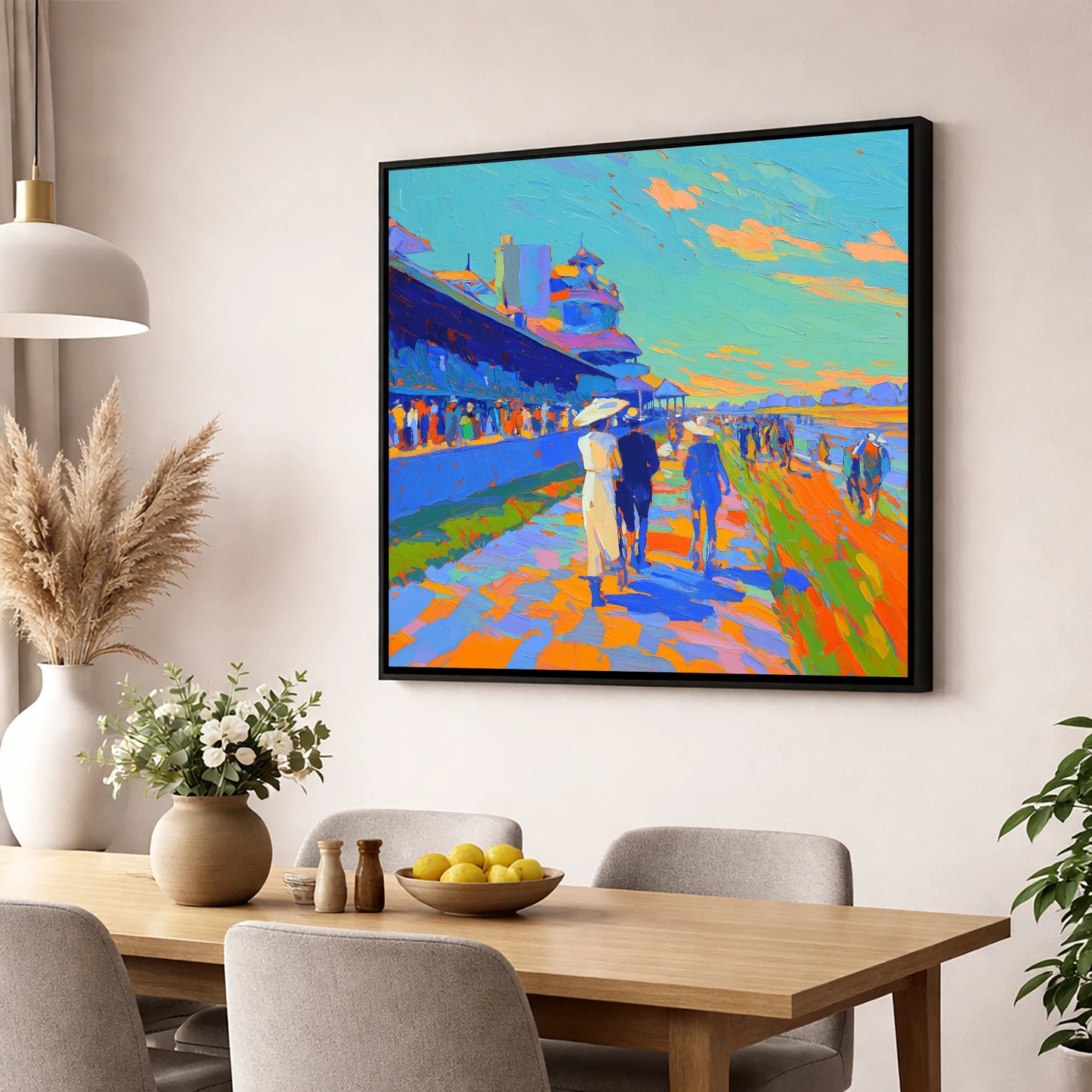 Vibrant Race Day Promenade racing horse wall art displayed in a dining room