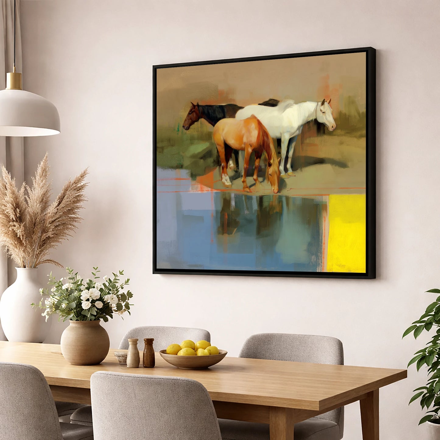 Vibrant Equine Reflections wild horses wall art displayed in a dining room
