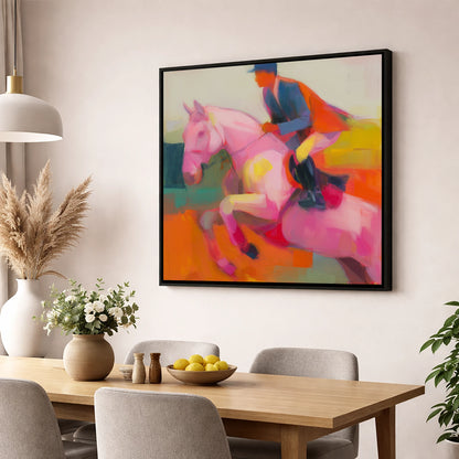 The Vivid Leap show jumping horse wall art displayed in a dining room