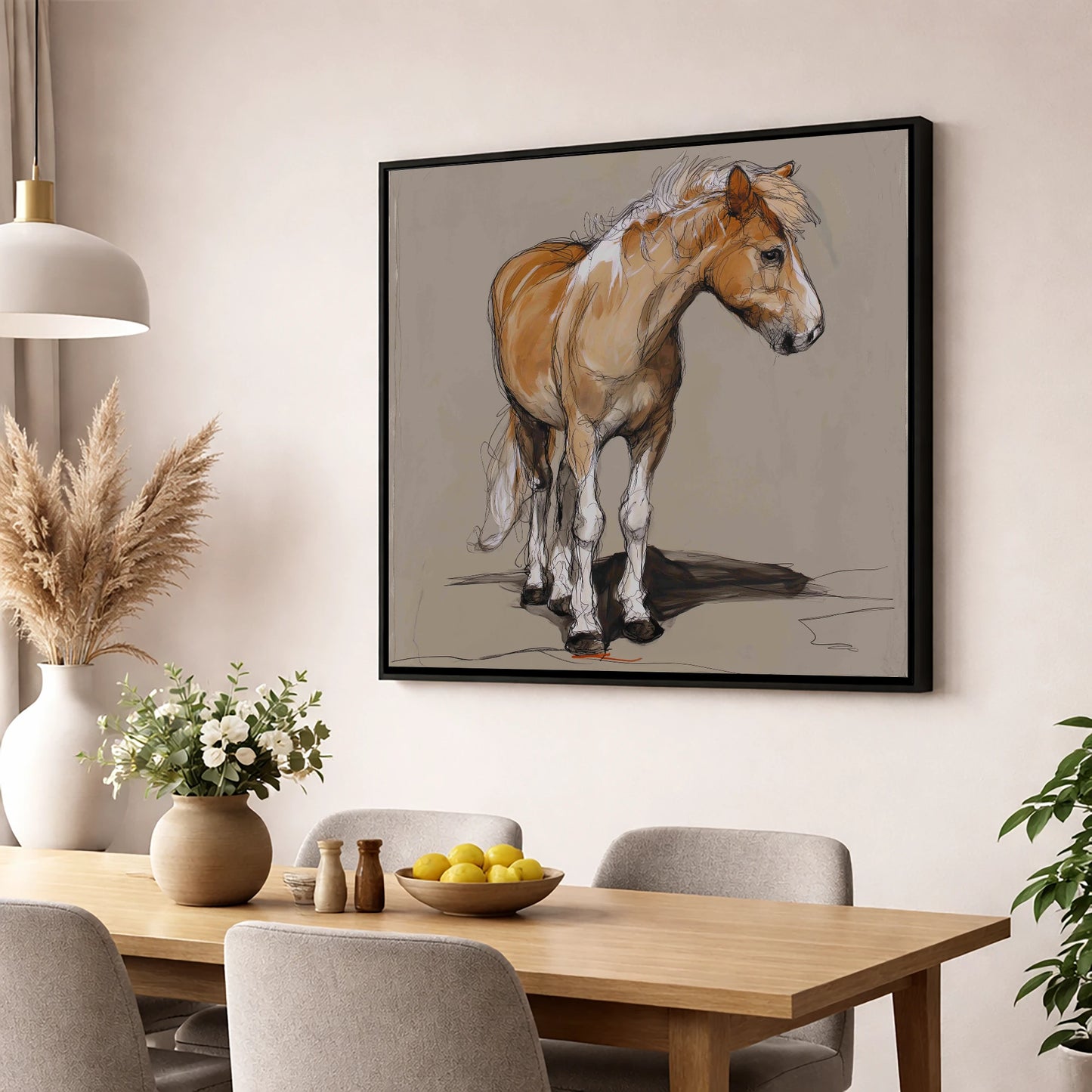 Quiet Flaxen Study horse breed wall art displayed in a dining room