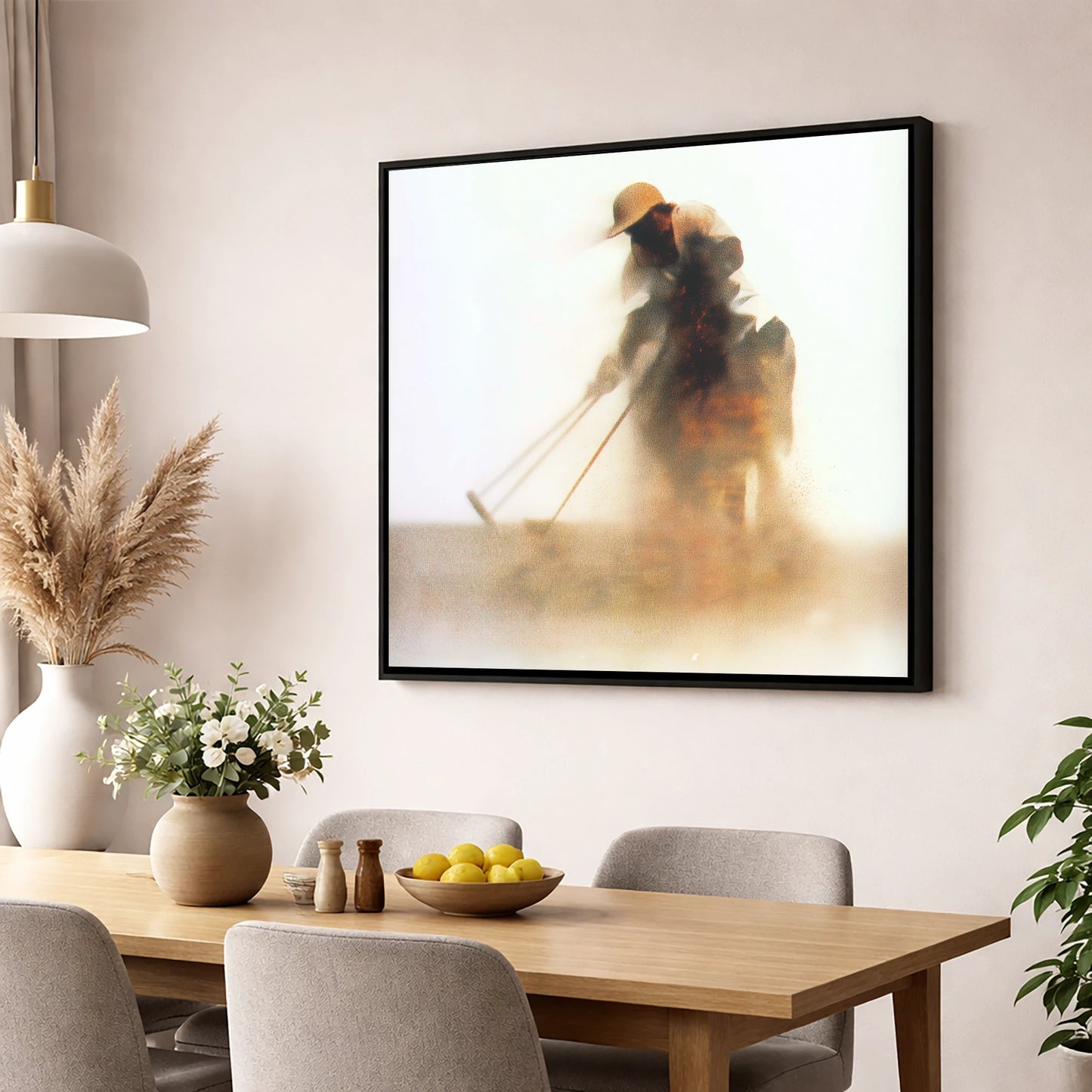 Suspended in Dust polo horse wall art displayed in a dining room