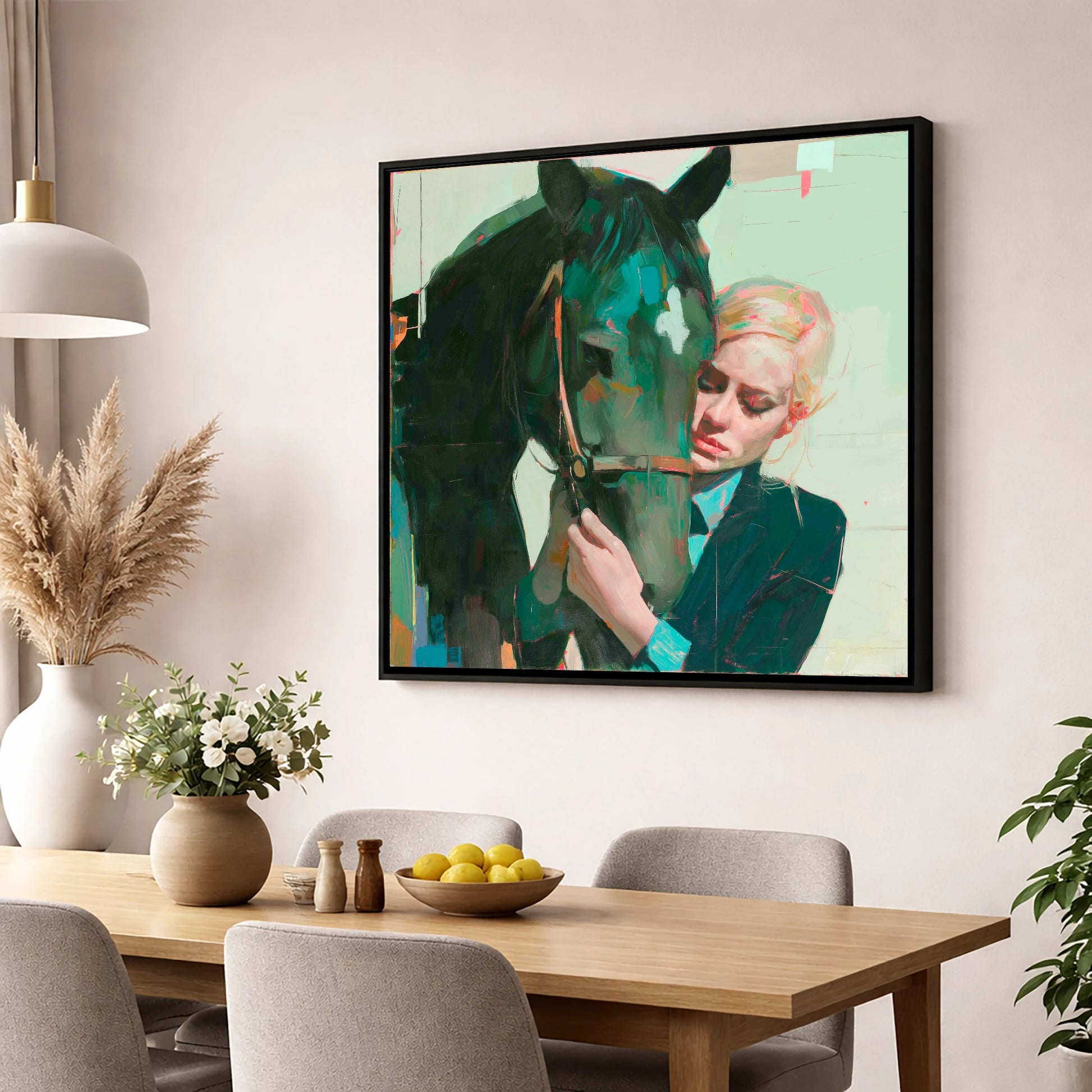 Quiet Connection horse & rider wall art displayed in a dining room
