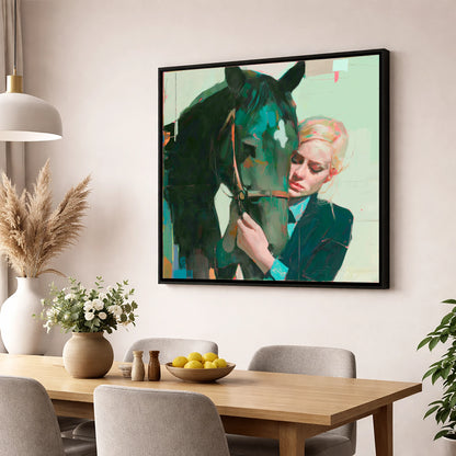 Quiet Connection horse & rider wall art displayed in a dining room