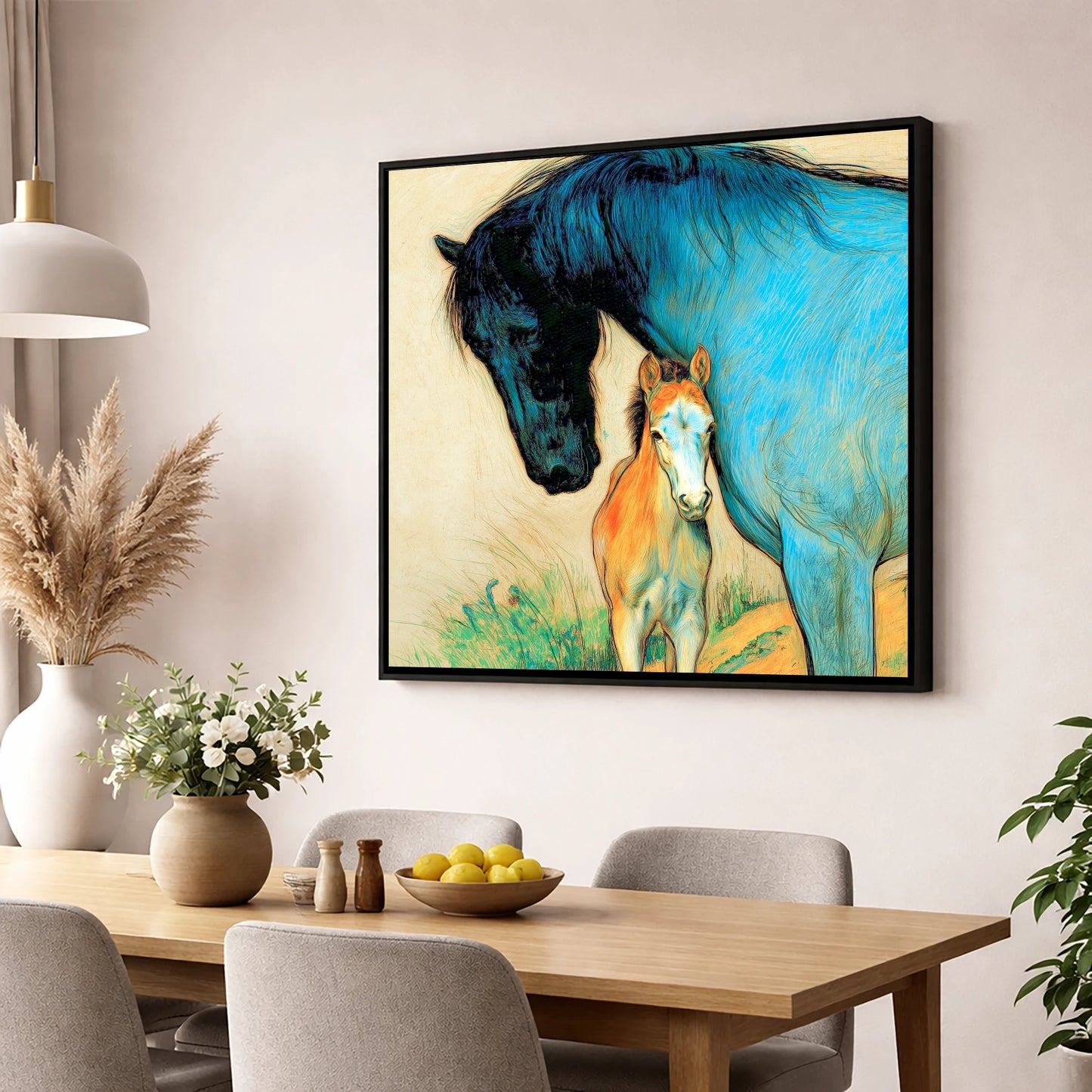 Vivid Devotion mare & foal wall art displayed in a dining room