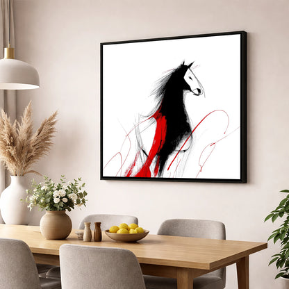 Crimson Equine Silhouette horse portrait wall art displayed in a dining room