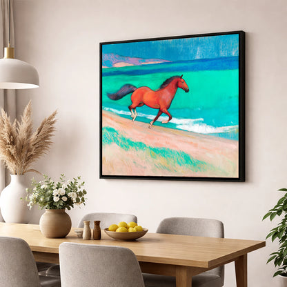 Crimson Coastal Canter horse landscape wall art displayed in a dining room