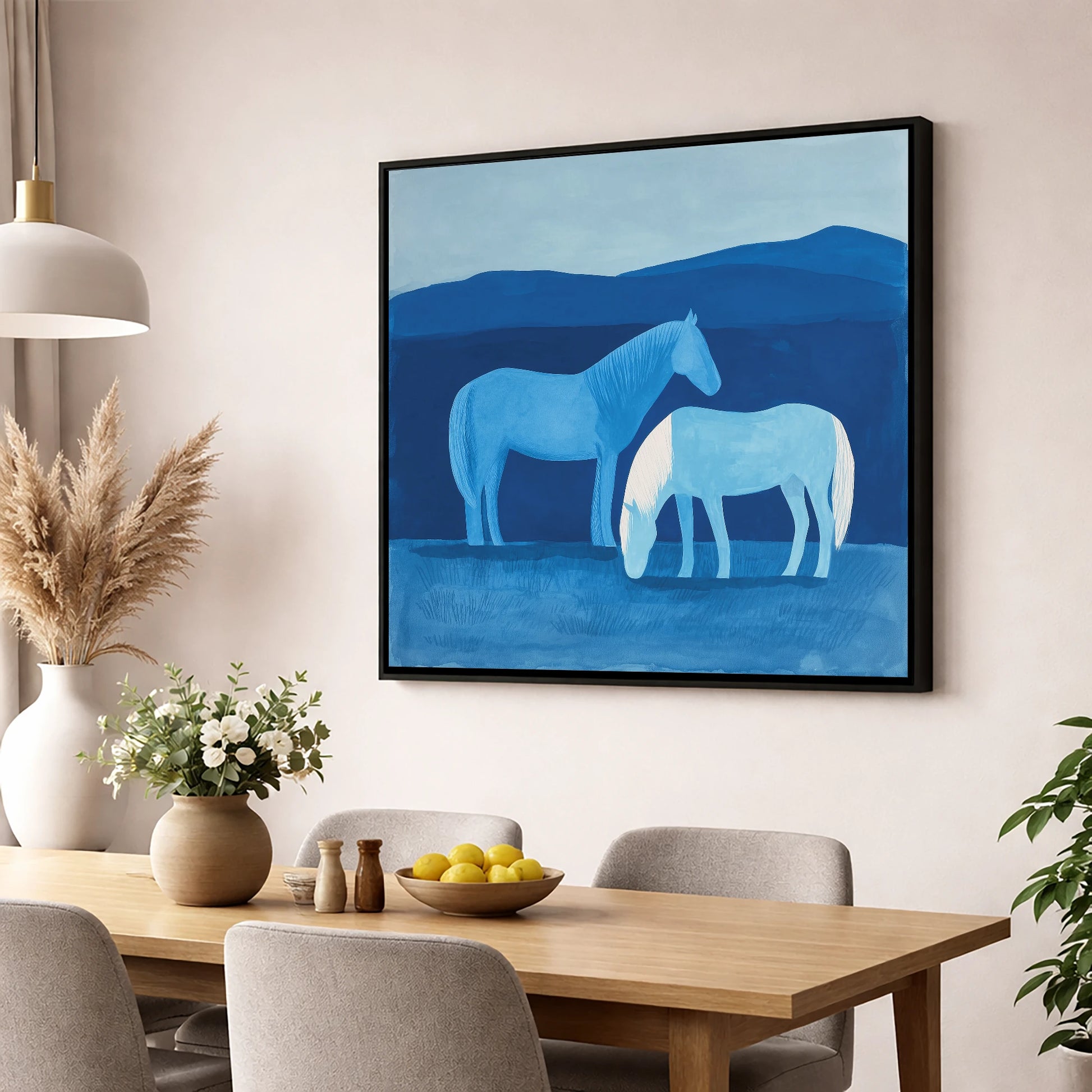 Cobalt Companions horse landscape wall art displayed in a dining room