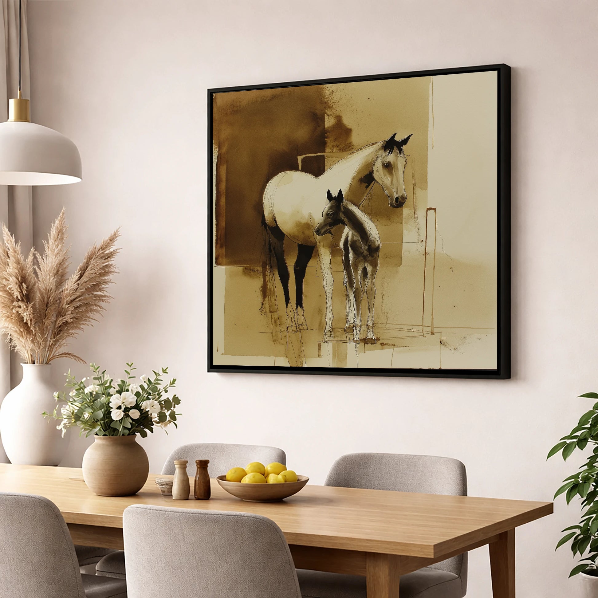 Sepia Shadows mare & foal wall art displayed in a dining room