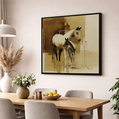 Sepia Shadows mare & foal wall art displayed in a dining room