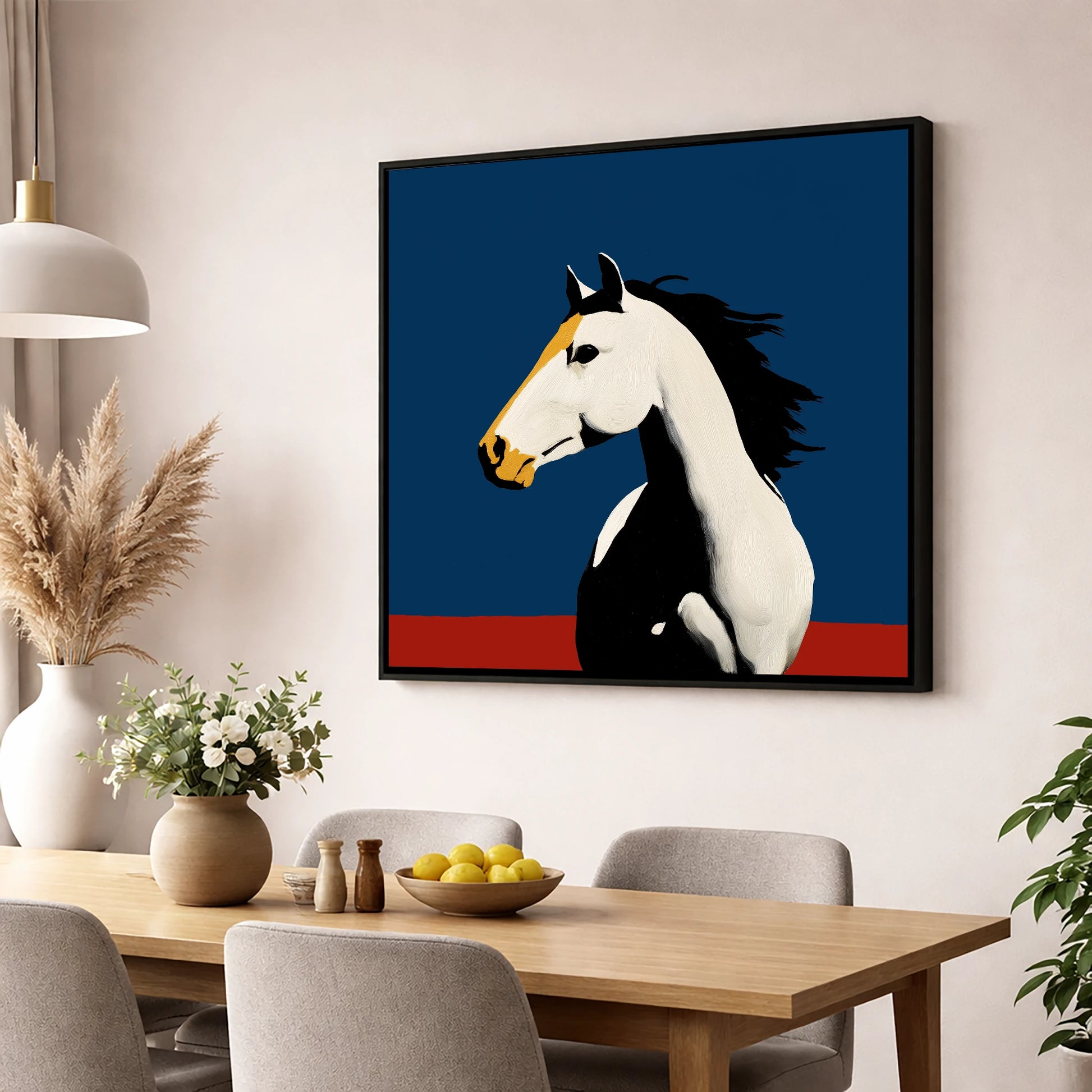 Vibrant Graphic Profile horse portrait wall art displayed in a dining room