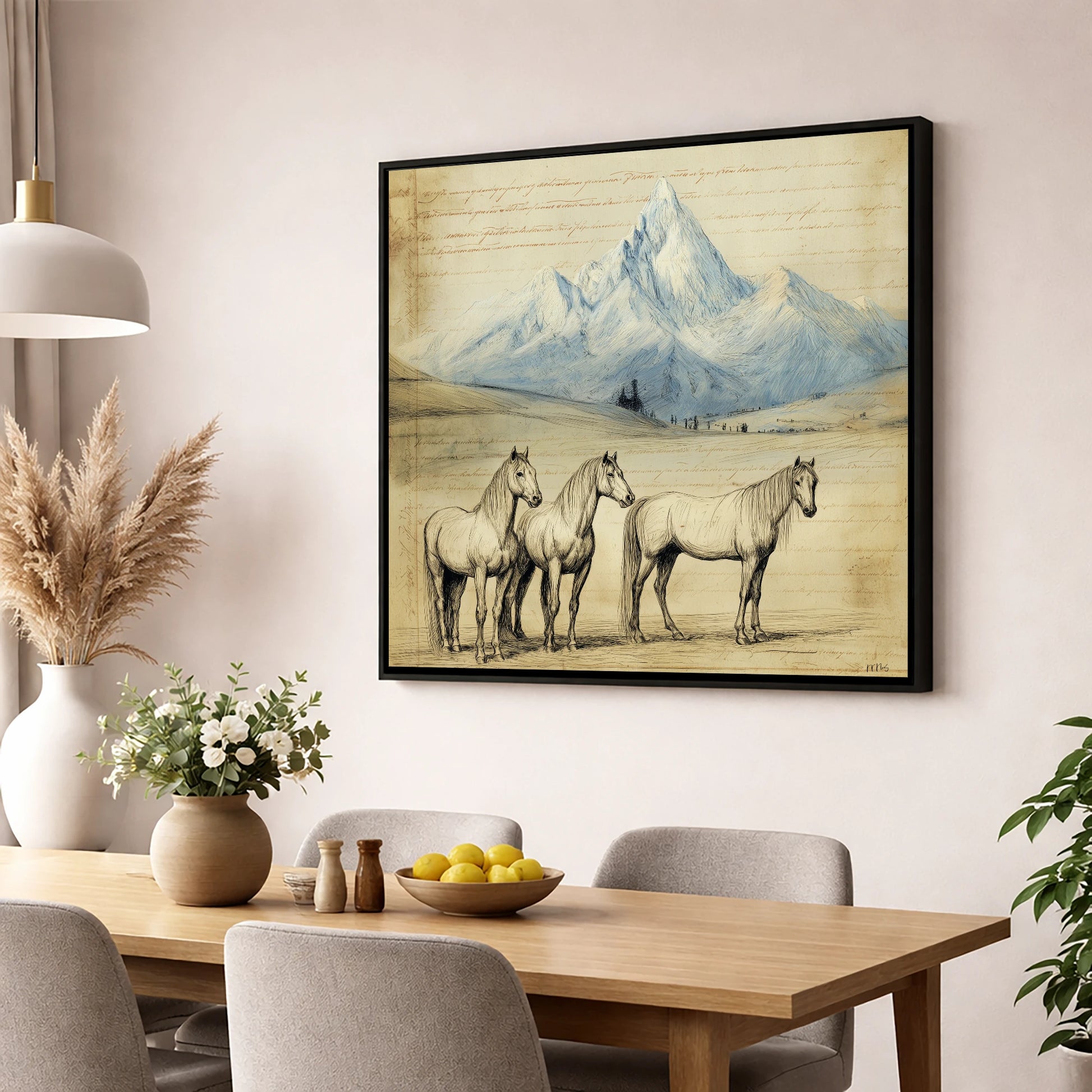 Alpine Journal Sketch horse landscape wall art displayed in a dining room