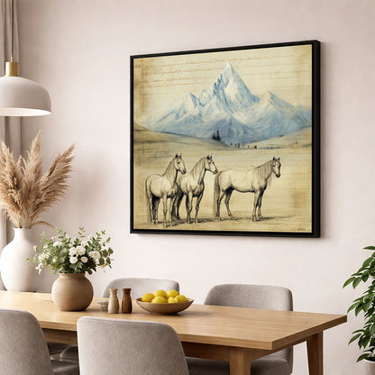 Alpine Journal Sketch horse landscape wall art displayed in a dining room