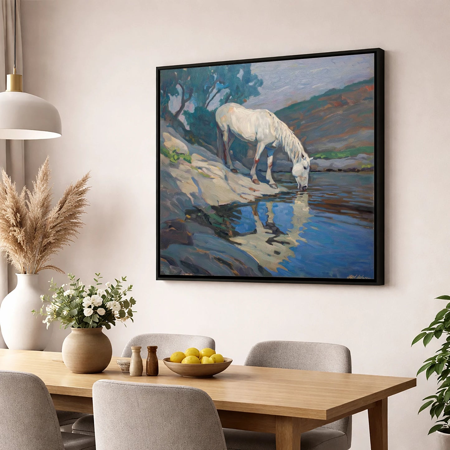 Tranquil Waters Edge horse landscape wall art displayed in a dining room