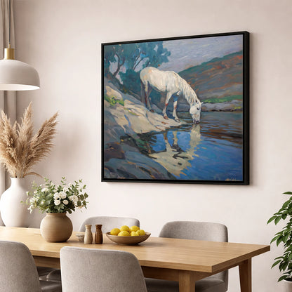Tranquil Waters Edge horse landscape wall art displayed in a dining room