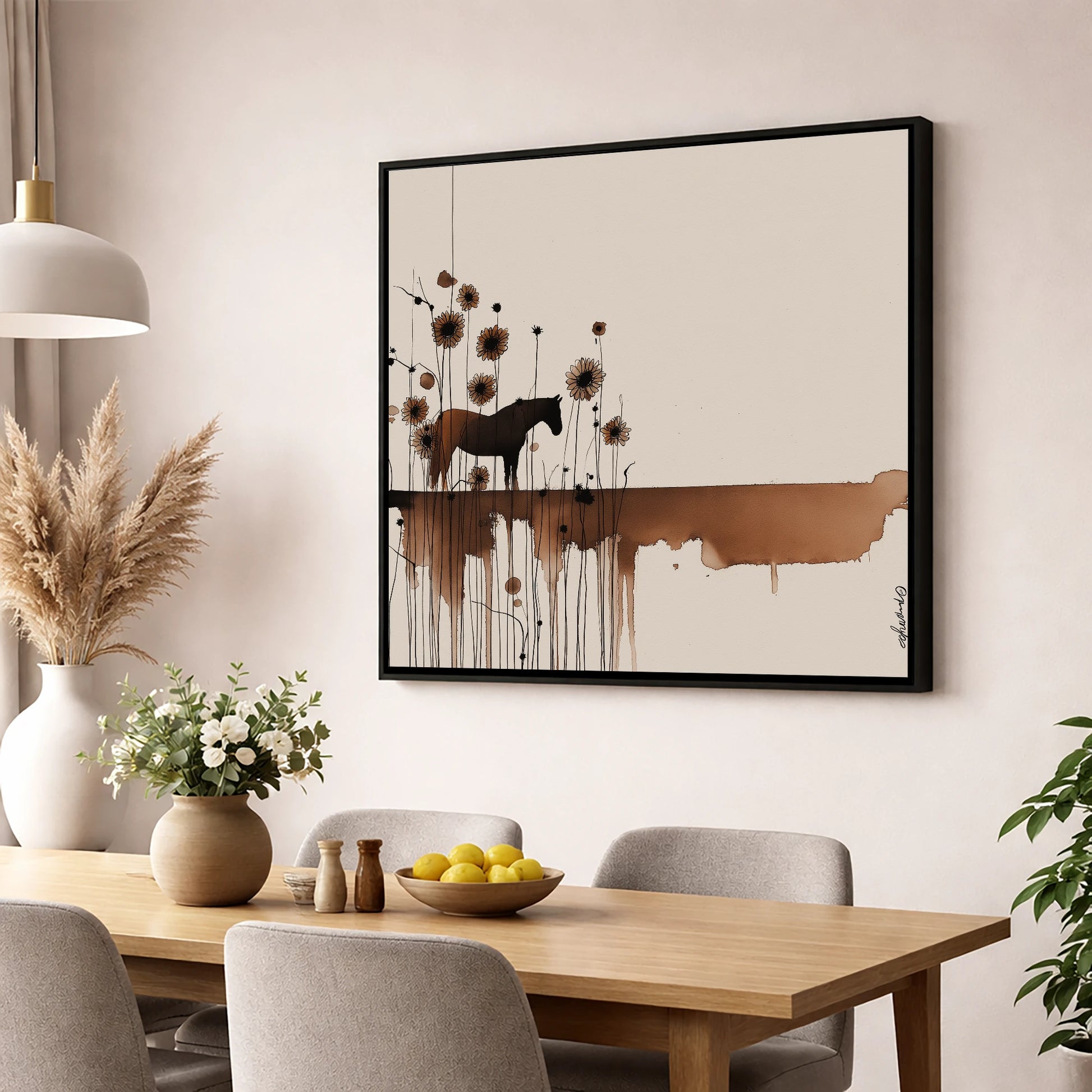 Sepia Sunflower Silhouette horse landscape wall art displayed in a dining room