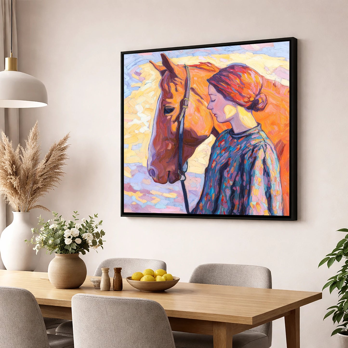 Radiant Connection horse & rider wall art displayed in a dining room