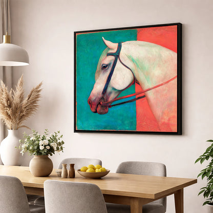 Crimson and Emerald Profile horse breed wall art displayed in a dining room