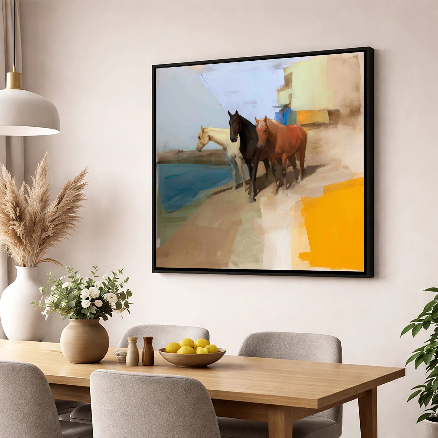 The Waterfront Trio horse landscape wall art displayed in a dining room