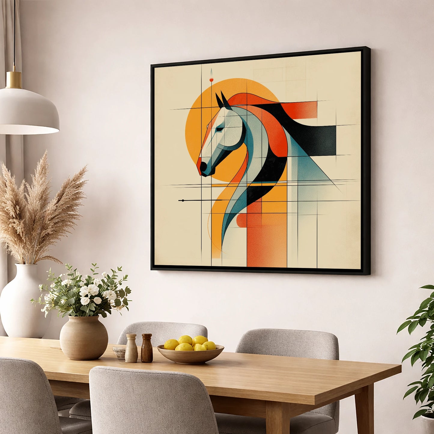 Structured Equine Harmony horse portrait wall art displayed in a dining room
