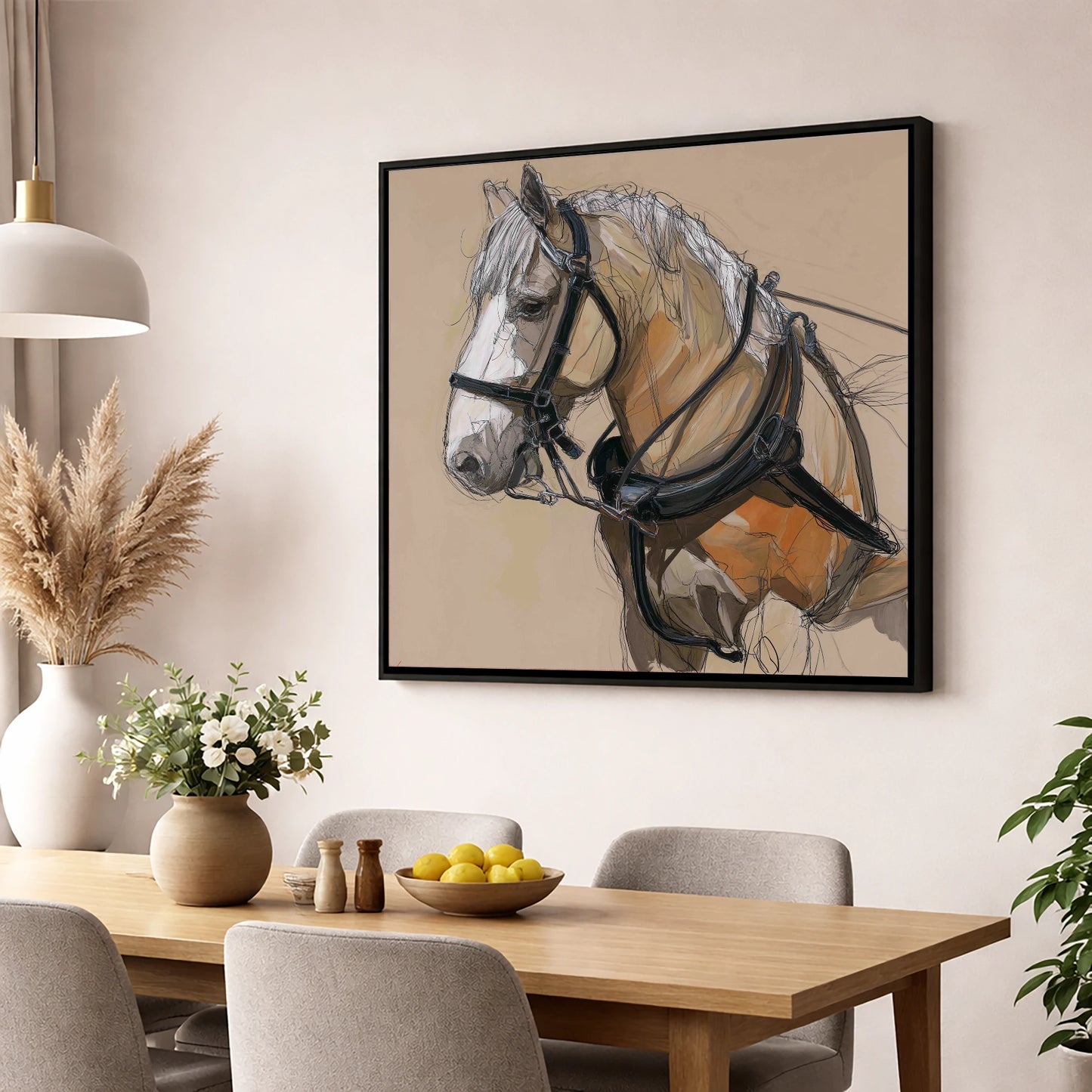 Noble Draught in Harness working horse wall art displayed in a dining room