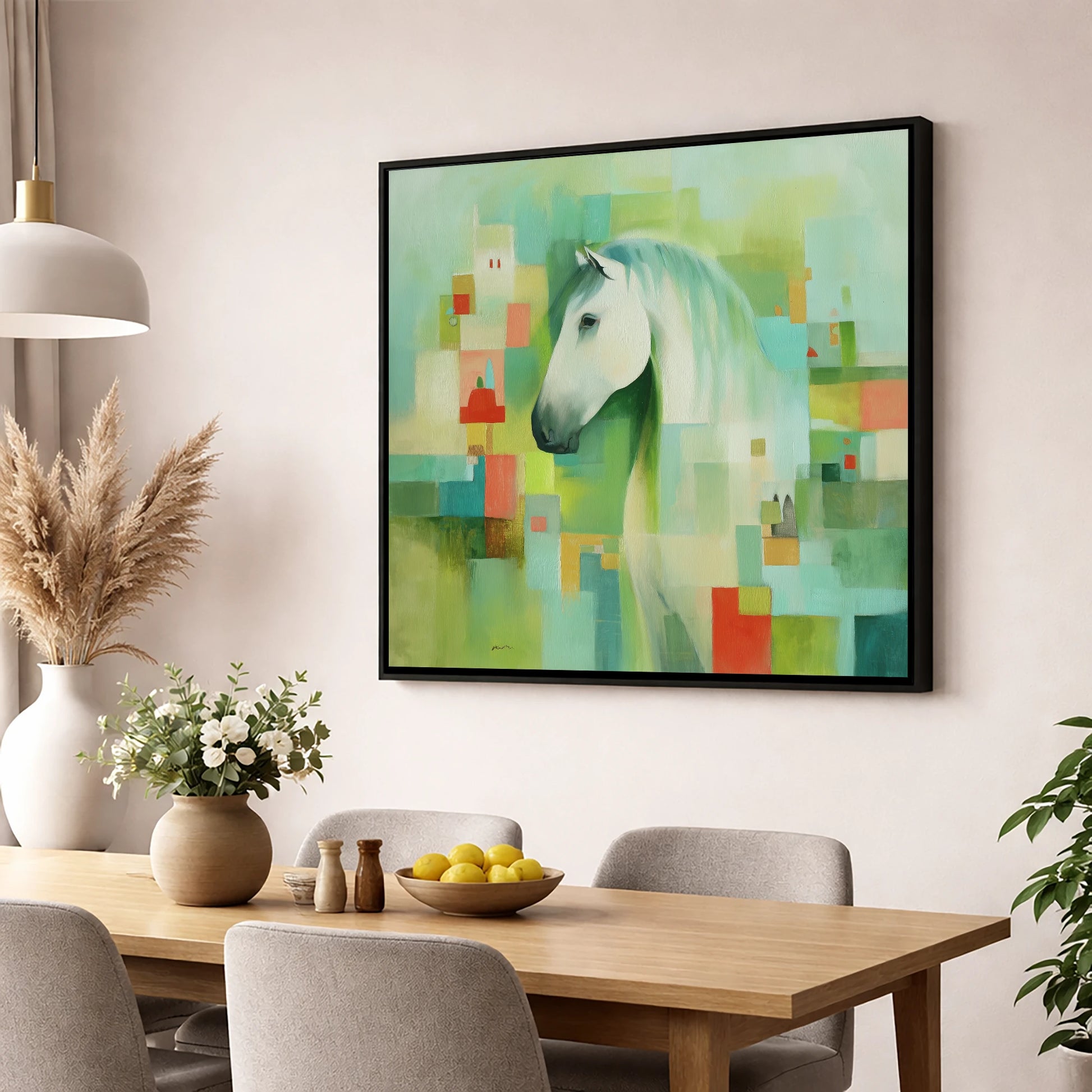 Abstract Grey Harmony horse breed wall art displayed in a dining room