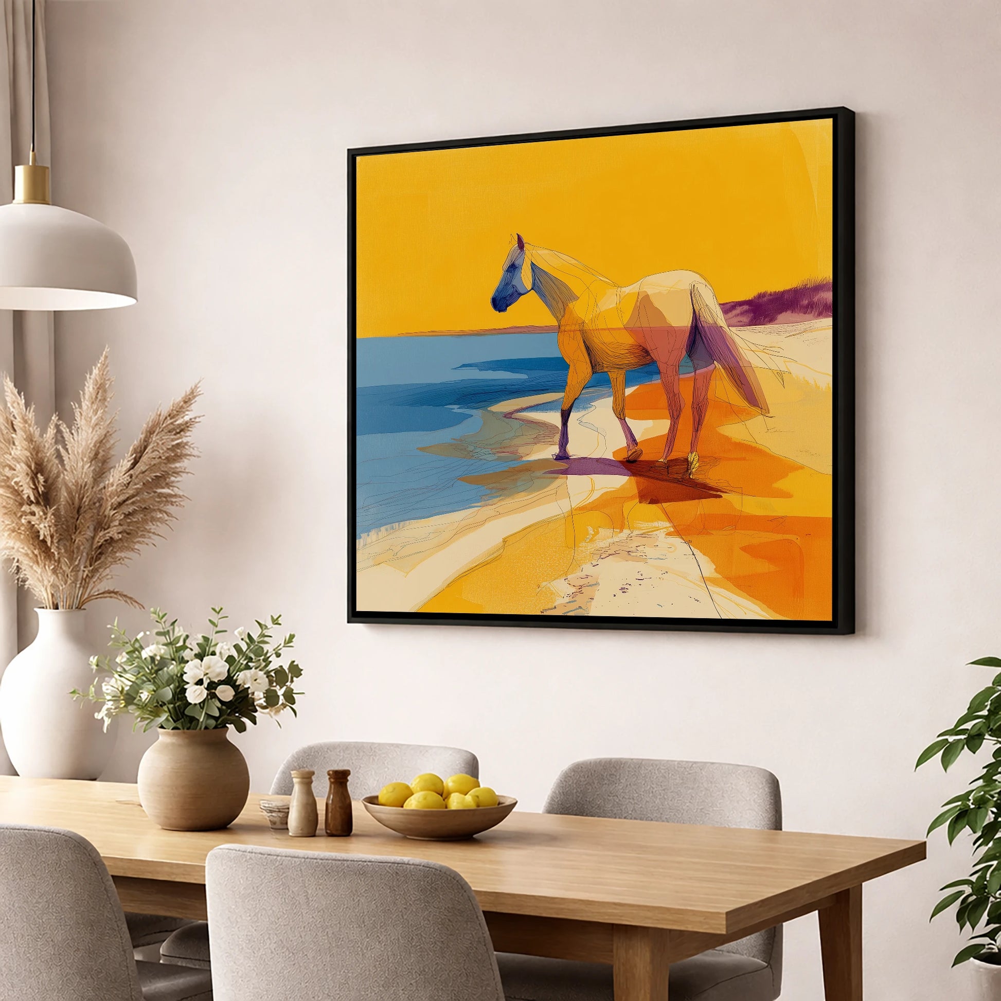 Vibrant Coastal Stride horse landscape wall art displayed in a dining room