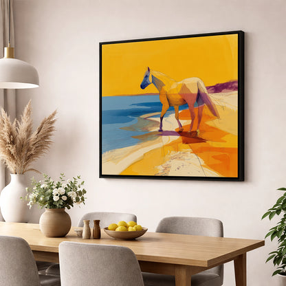 Vibrant Coastal Stride horse landscape wall art displayed in a dining room