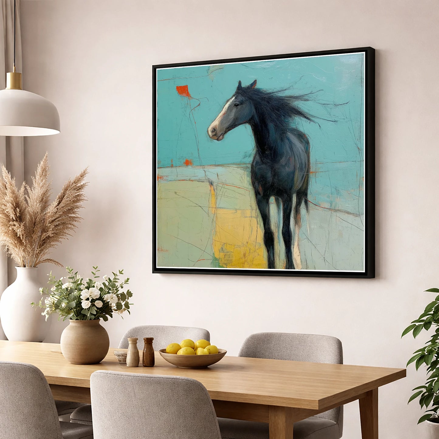 Abstract Windswept Equine horse portrait wall art displayed in a dining room