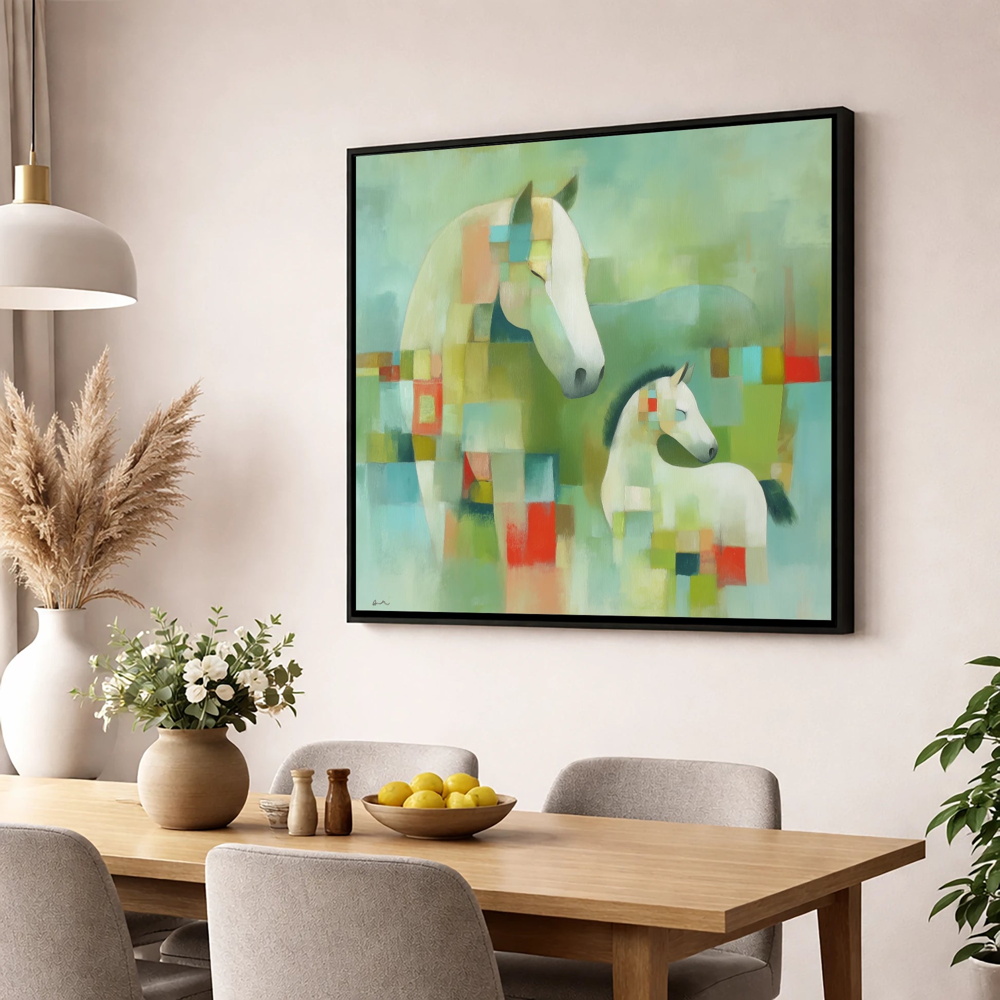 Structured Serenity mare & foal wall art displayed in a dining room
