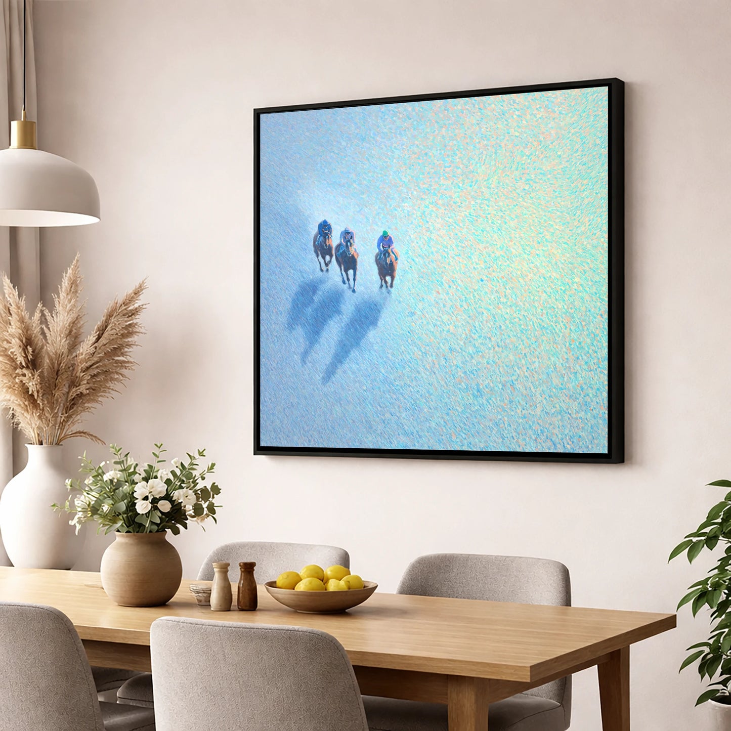 Luminous Morning Gallop racing horse wall art displayed in a dining room