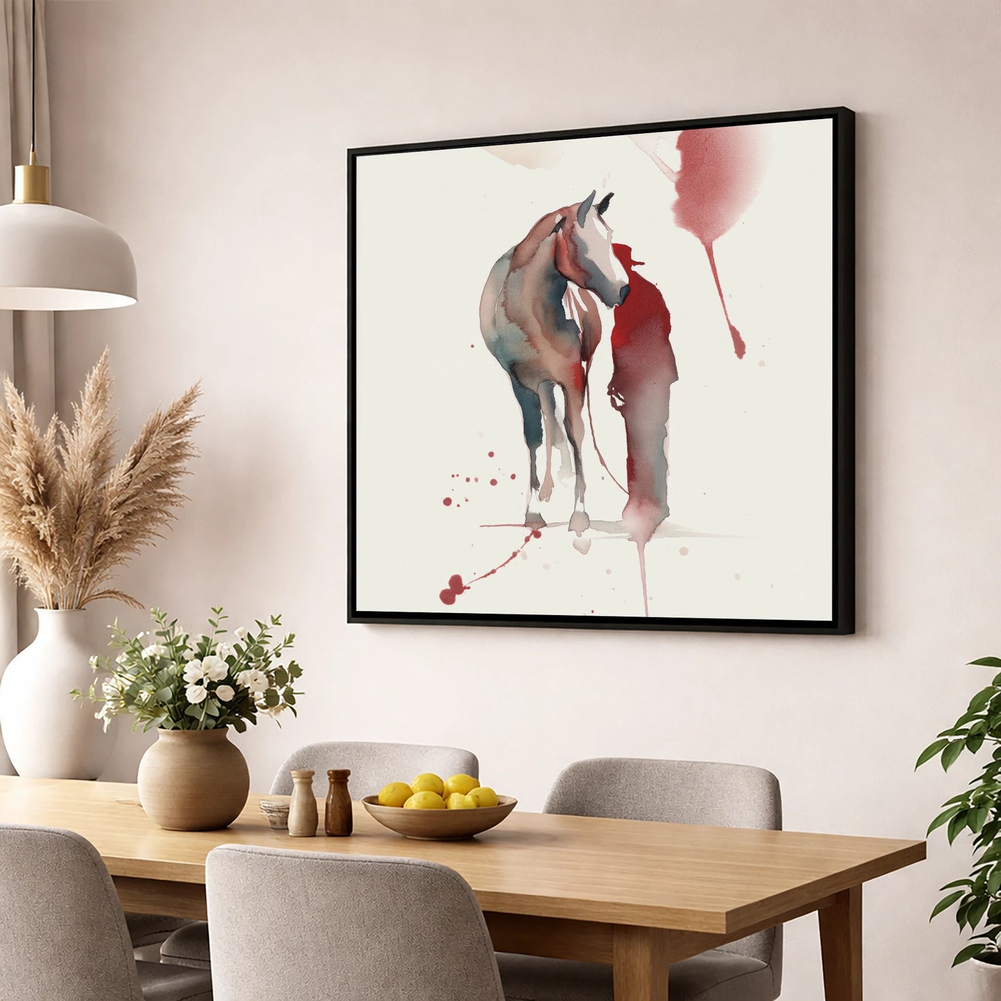 The Quiet Bond horse & rider wall art displayed in a dining room