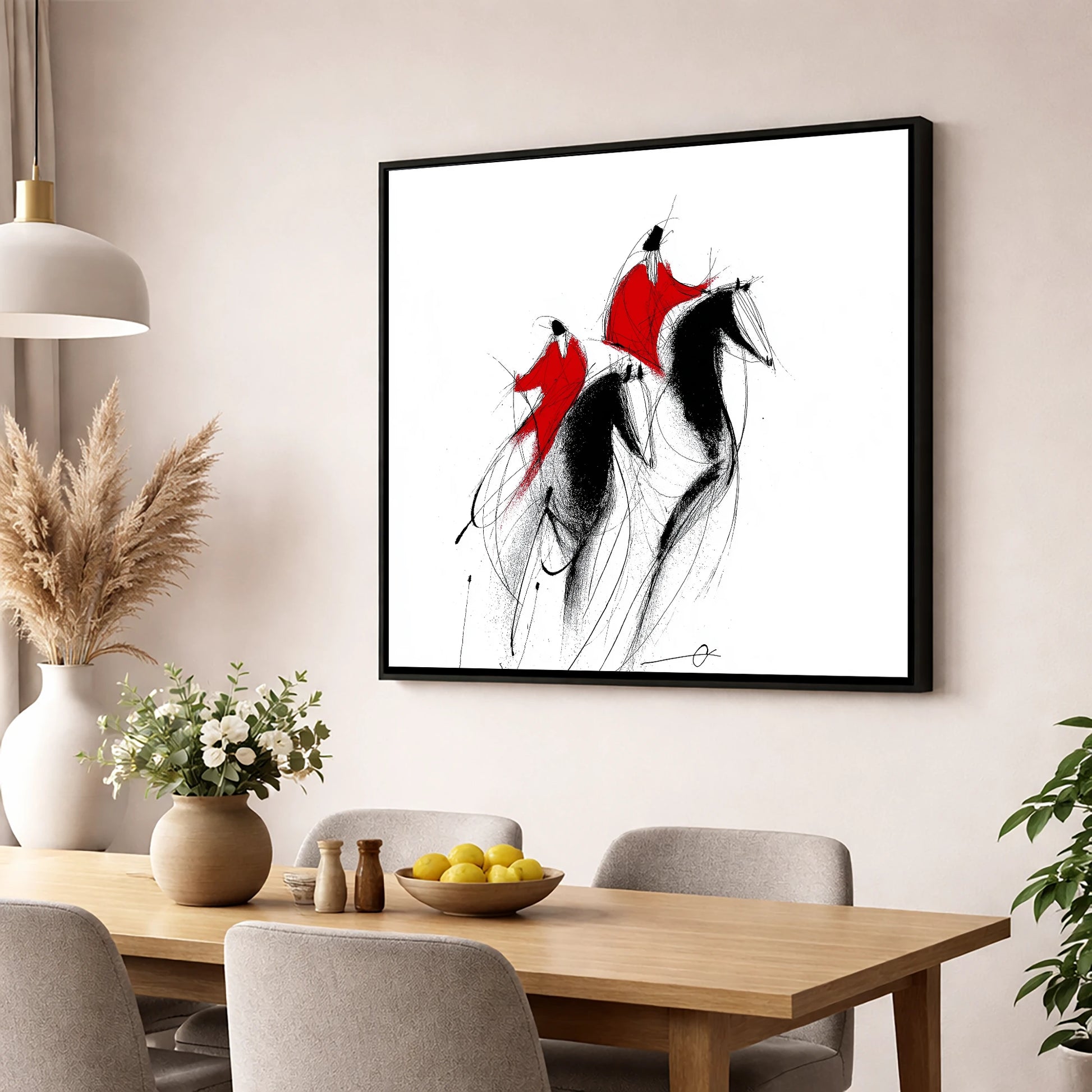 Scarlet Pursuit show jumping horse wall art displayed in a dining room