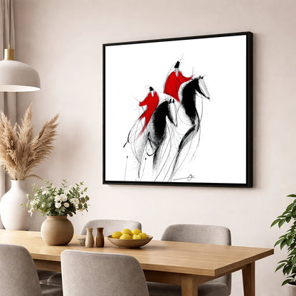 Scarlet Pursuit show jumping horse wall art displayed in a dining room