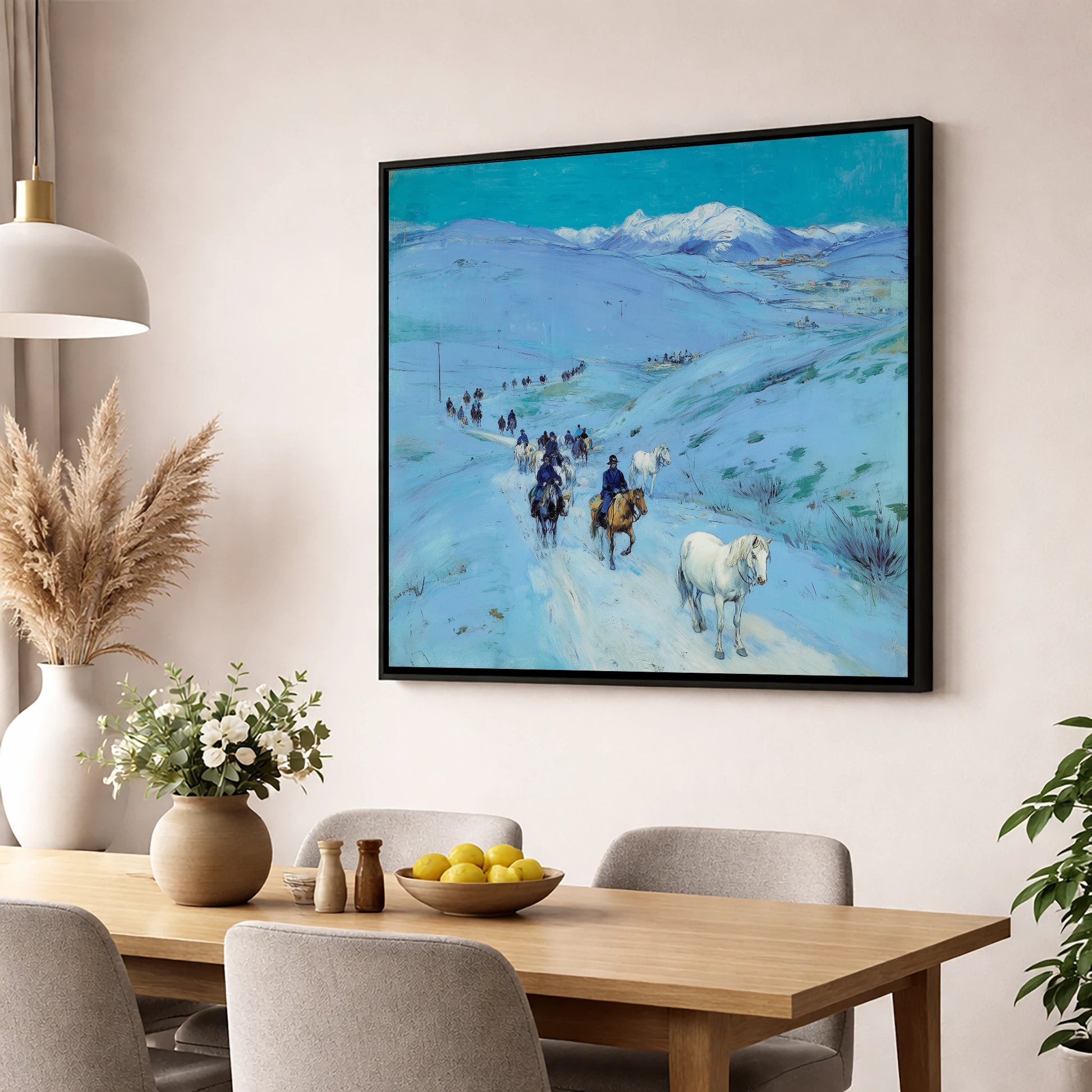 Alpine Winter Cavalcade horse landscape wall art displayed in a dining room